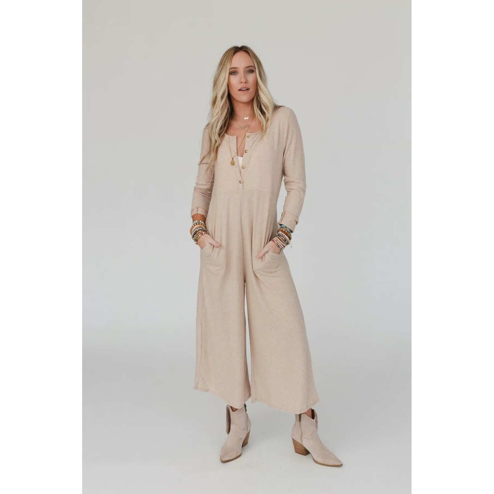 Three Bird Nest Women L Jumpsuit Beige Wide Leg Long Sleeve Boho Wheat New